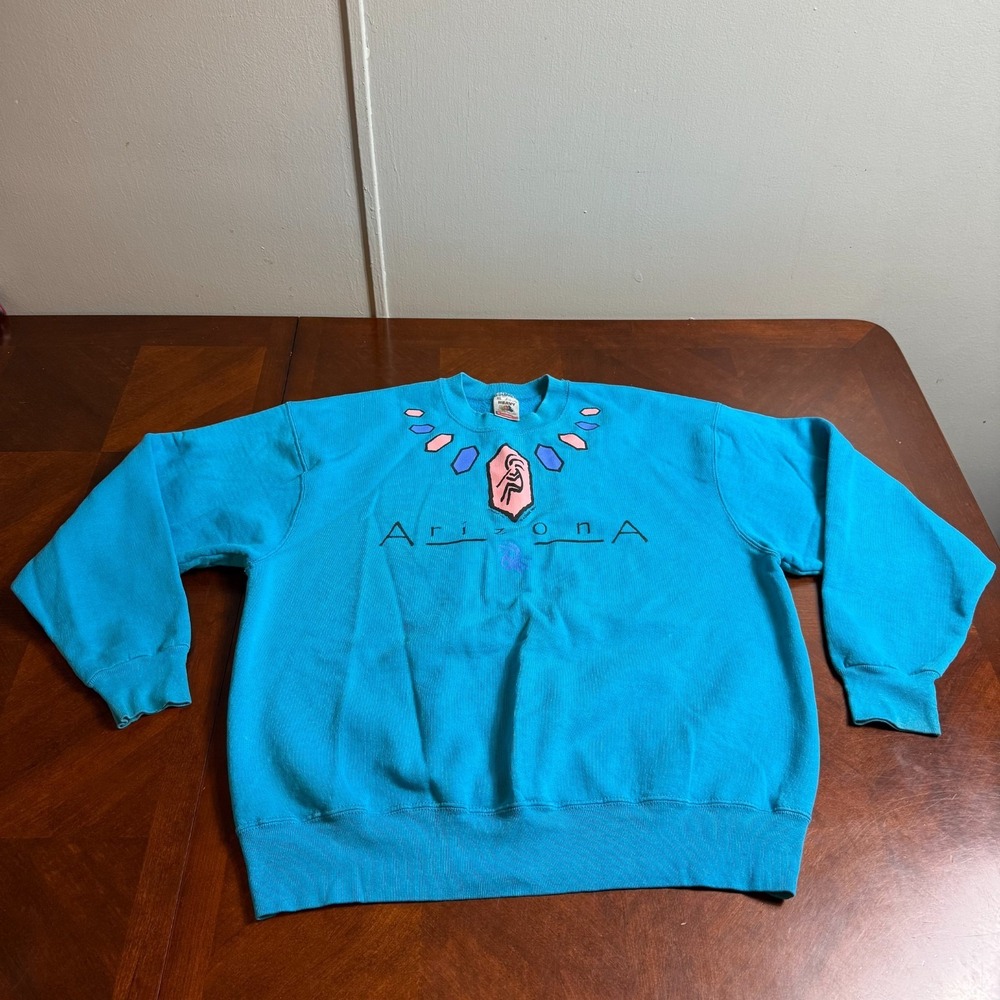 VTG Arizona Graphic Sweatshirt XL Teal Southwest Native Style 90s